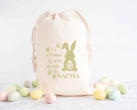 Pochon de Pâques personnalisé lapins et œufs pastels, petit sac cadeau en coton avec prénom - Collection Pâques Mahelia Design