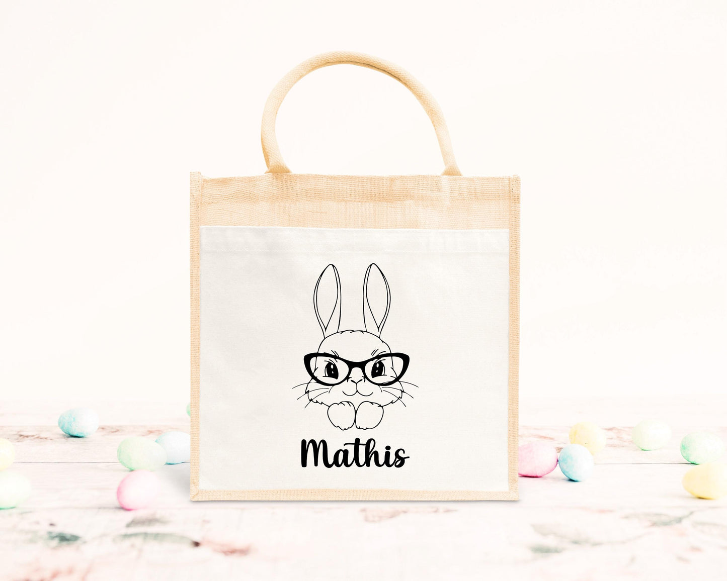 Cabas Pâques personnalisé motif lapin et fleurs roses, grand sac chasse aux œufs en jute naturel enfant - Collection Pâques Mahelia Design