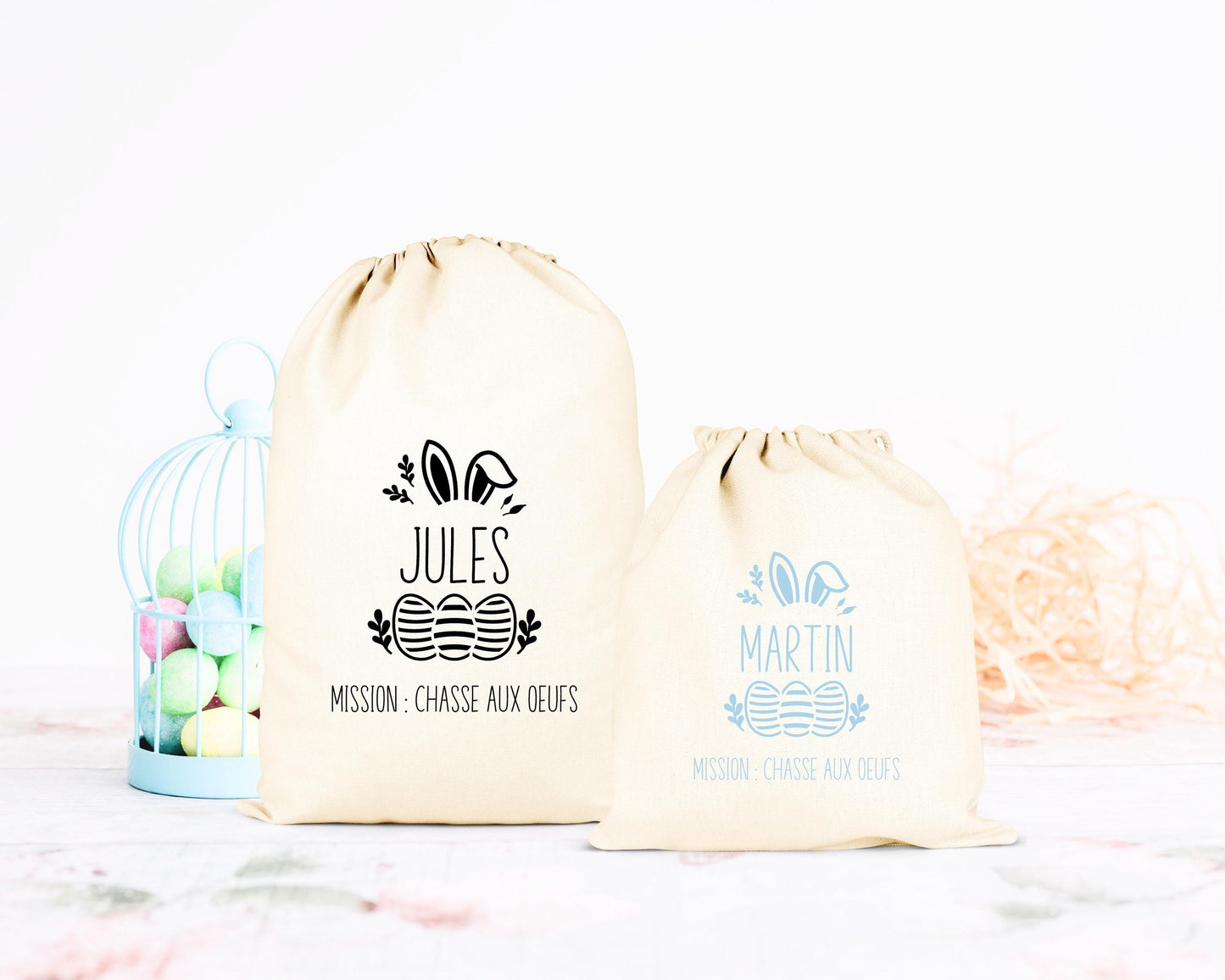 Pochon de Pâques personnalisé lapin avec œufs colorés, petit sac chasse aux œufs enfant jute naturel - Collection Pâques Mahelia Design