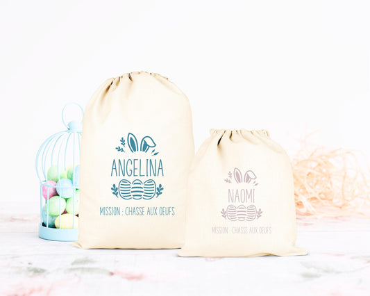 Pochon de Pâques personnalisé lapin avec œufs colorés, petit sac chasse aux œufs enfant jute naturel - Collection Pâques Mahelia Design