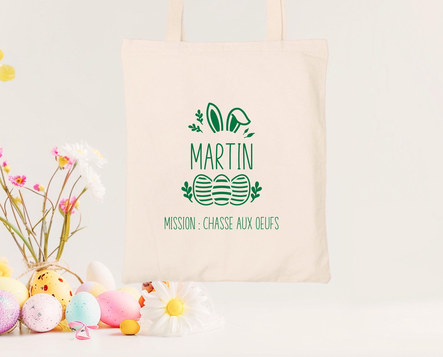 Mini tote bag Pâques personnalisé lapin avec œufs colorés, petit sac chasse aux œufs enfant jute naturel - Collection Pâques Mahelia Design