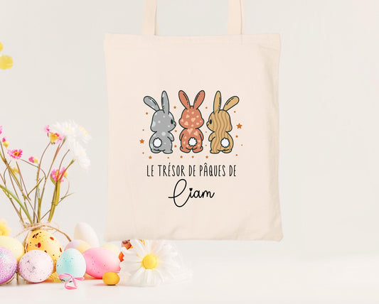 Mini tote bag de Pâques personnalisé trois lapins mignons beige et blanc, trésor de chasse aux œufs pour enfant - Collection Pâques Mahelia Design