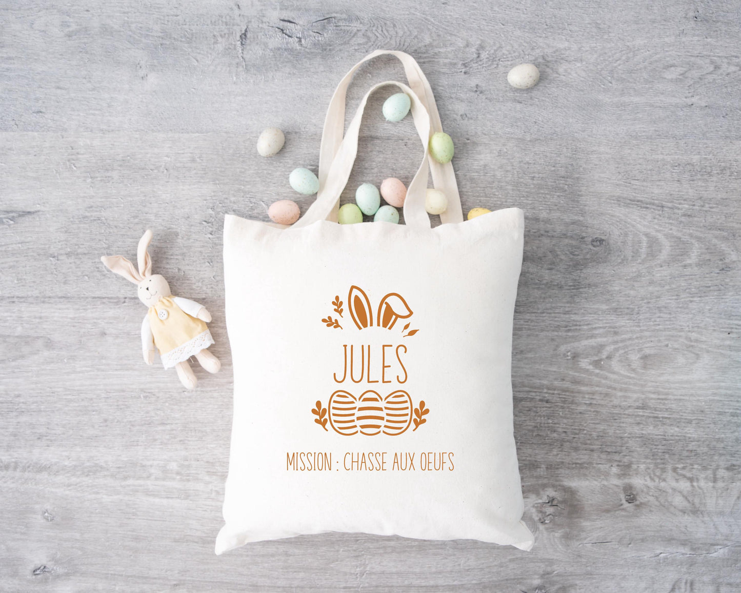 Tote bag Pâques personnalisé lapin avec œufs colorés, petit sac chasse aux œufs enfant jute naturel - Collection Pâques Mahelia Design