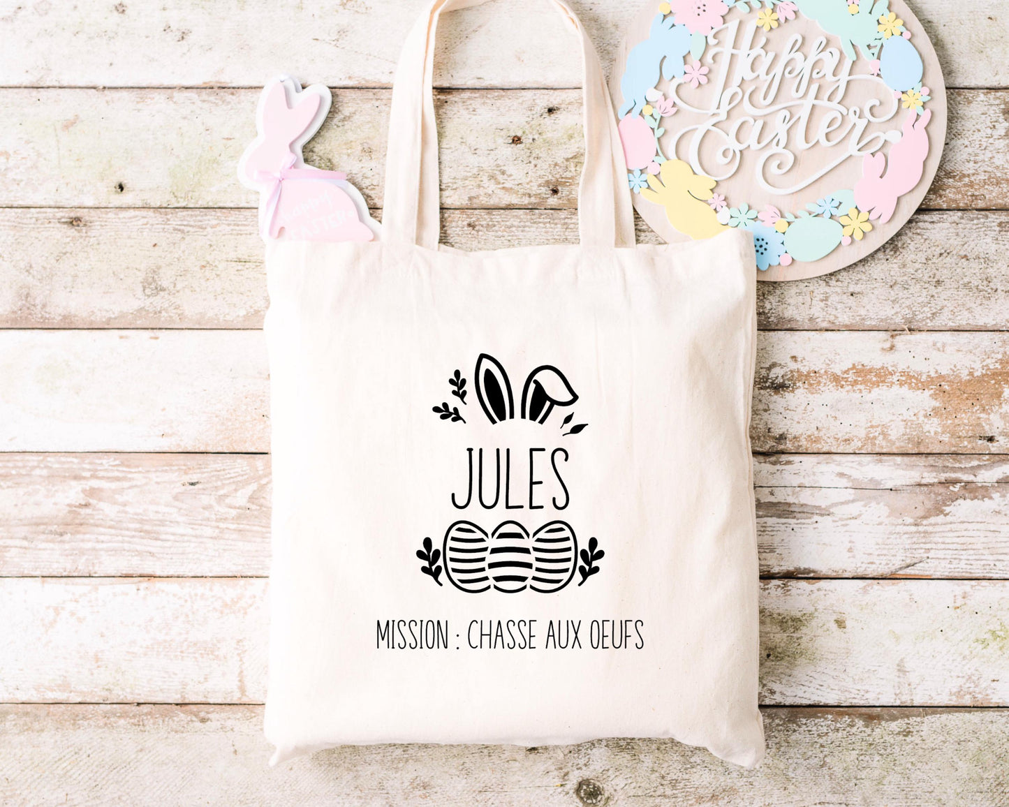 Tote bag Pâques personnalisé lapin avec œufs colorés, petit sac chasse aux œufs enfant jute naturel - Collection Pâques Mahelia Design