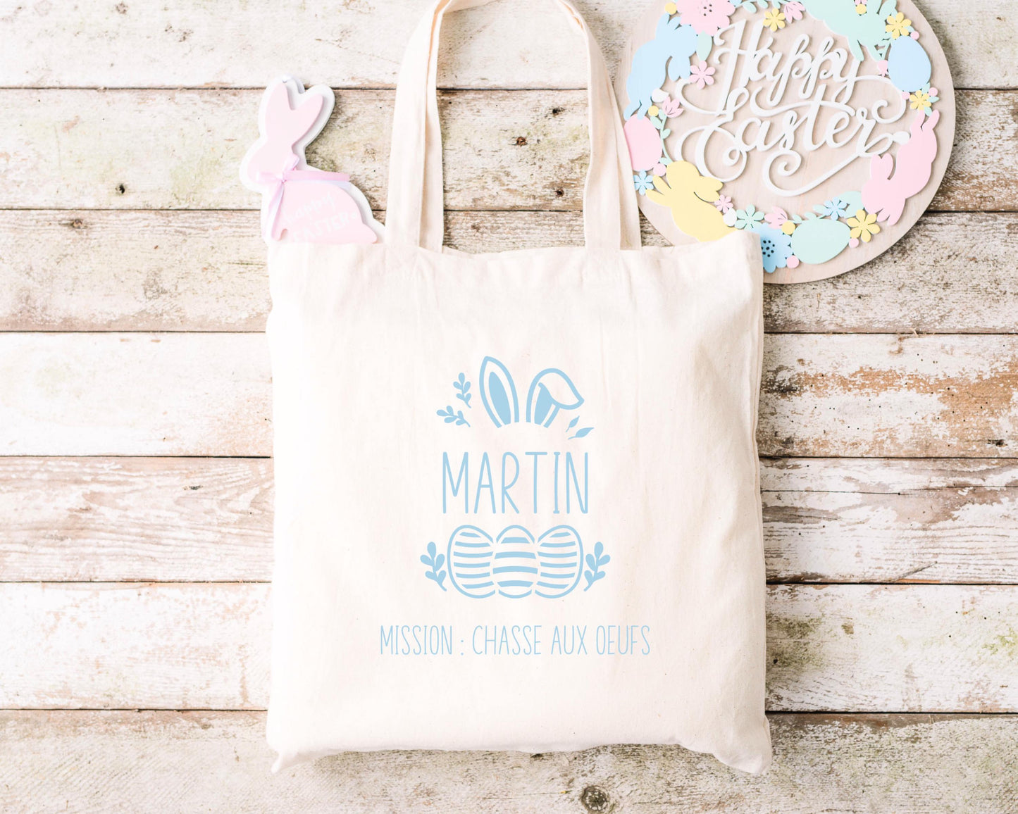 Tote bag Pâques personnalisé lapin avec œufs colorés, petit sac chasse aux œufs enfant jute naturel - Collection Pâques Mahelia Design
