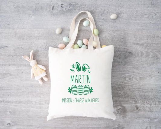 Tote bag Pâques personnalisé lapin avec œufs colorés, petit sac chasse aux œufs enfant jute naturel - Collection Pâques Mahelia Design