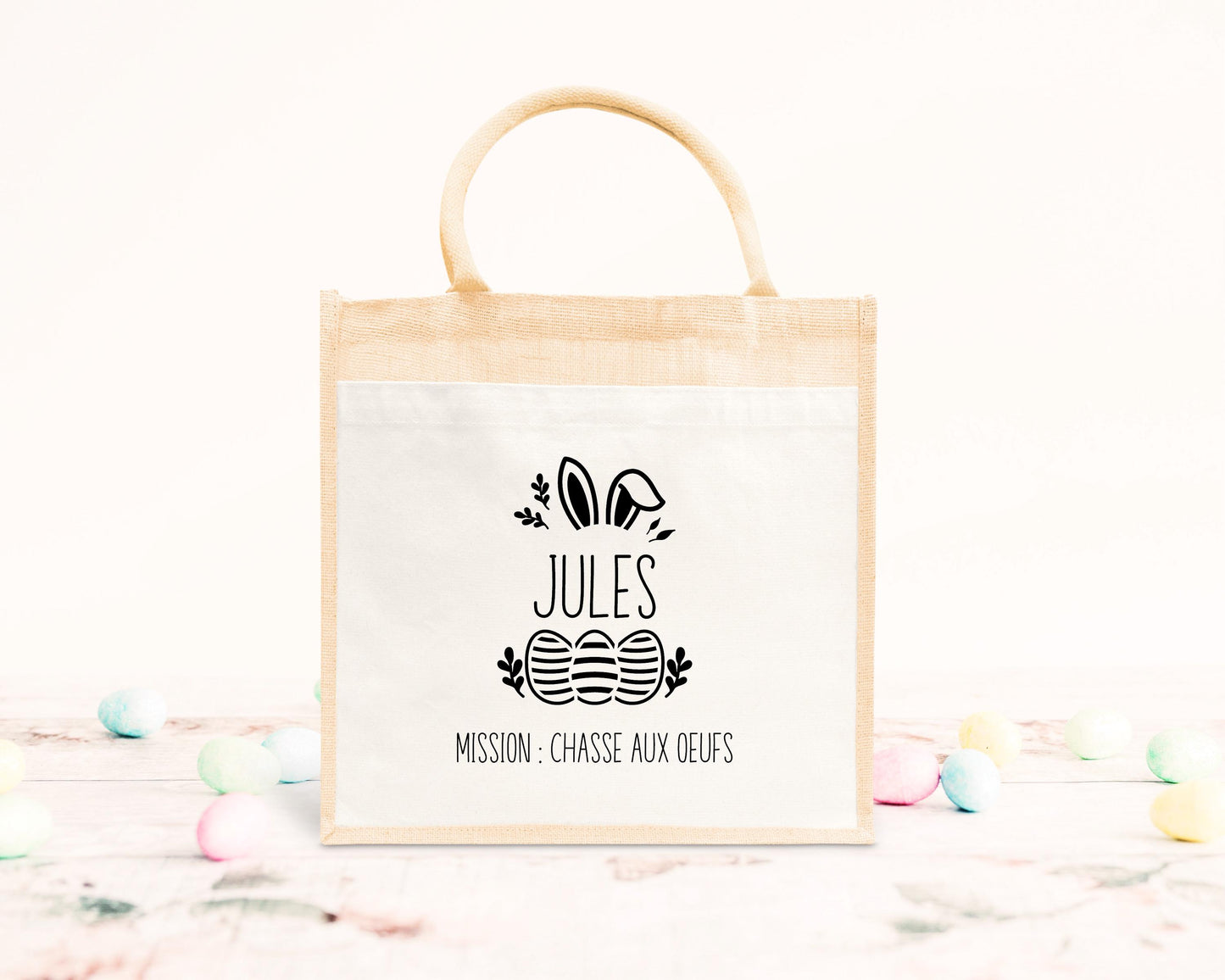 Cabas Pâques personnalisé motif lapin et œufs pastels, sac chasse aux œufs en jute naturel enfant - Collection Pâques Mahelia Design