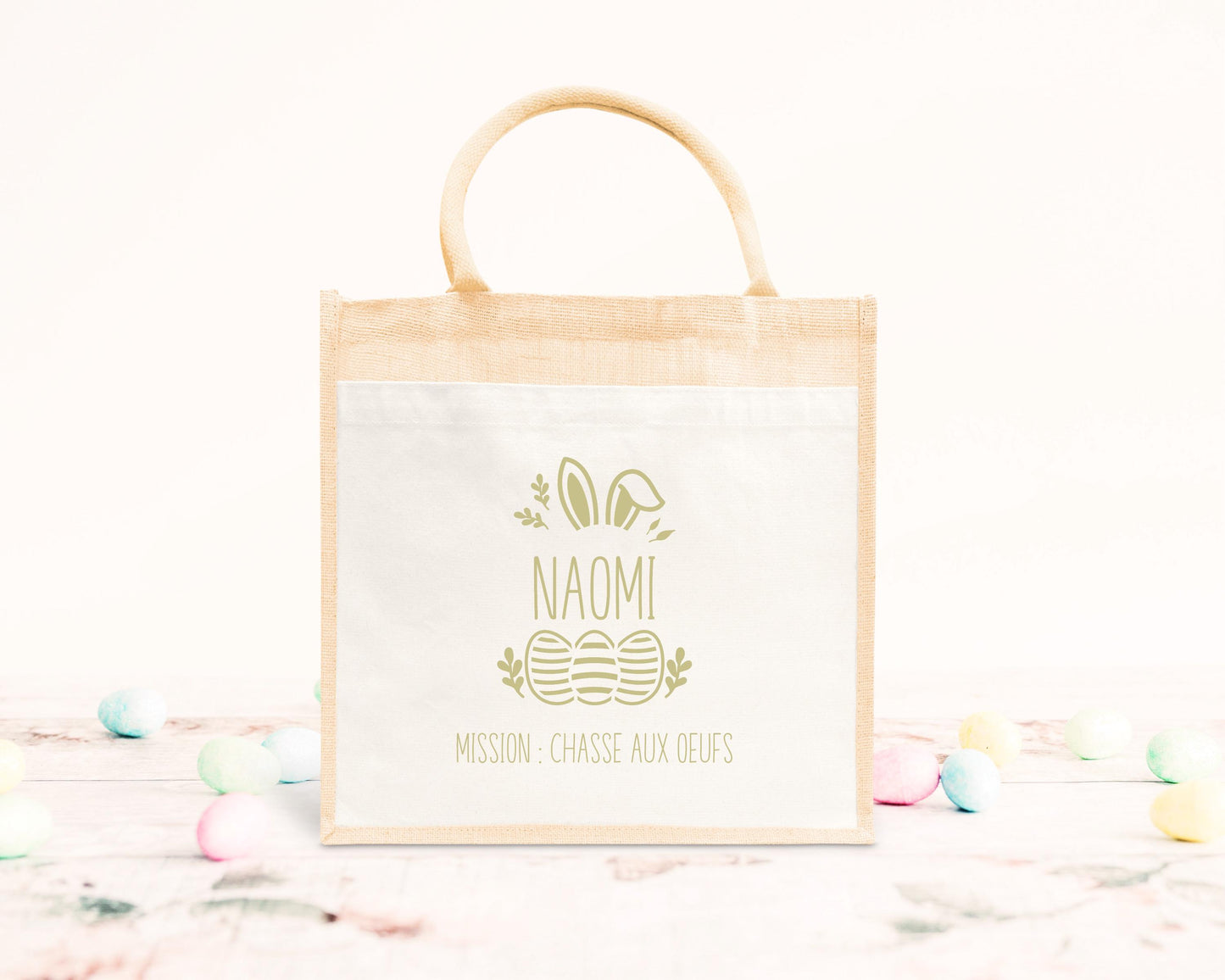 Cabas Pâques personnalisé motif lapin et œufs pastels, sac chasse aux œufs en jute naturel enfant - Collection Pâques Mahelia Design