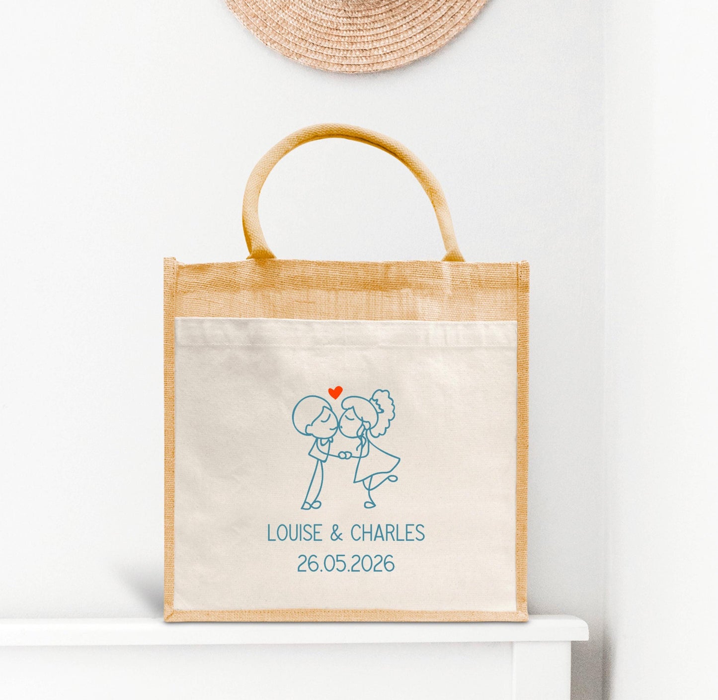Sac en jute et coton personnalisé mariage, Sac EVJF, Sac de la mariée, Cabas personnalisé mariage