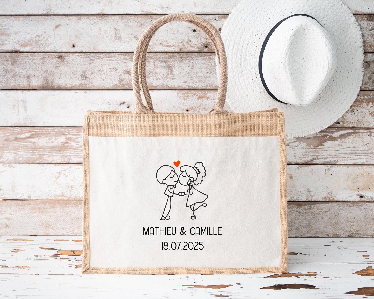 Sac en jute et coton personnalisé mariage, Sac EVJF, Sac de la mariée, Cabas personnalisé mariage