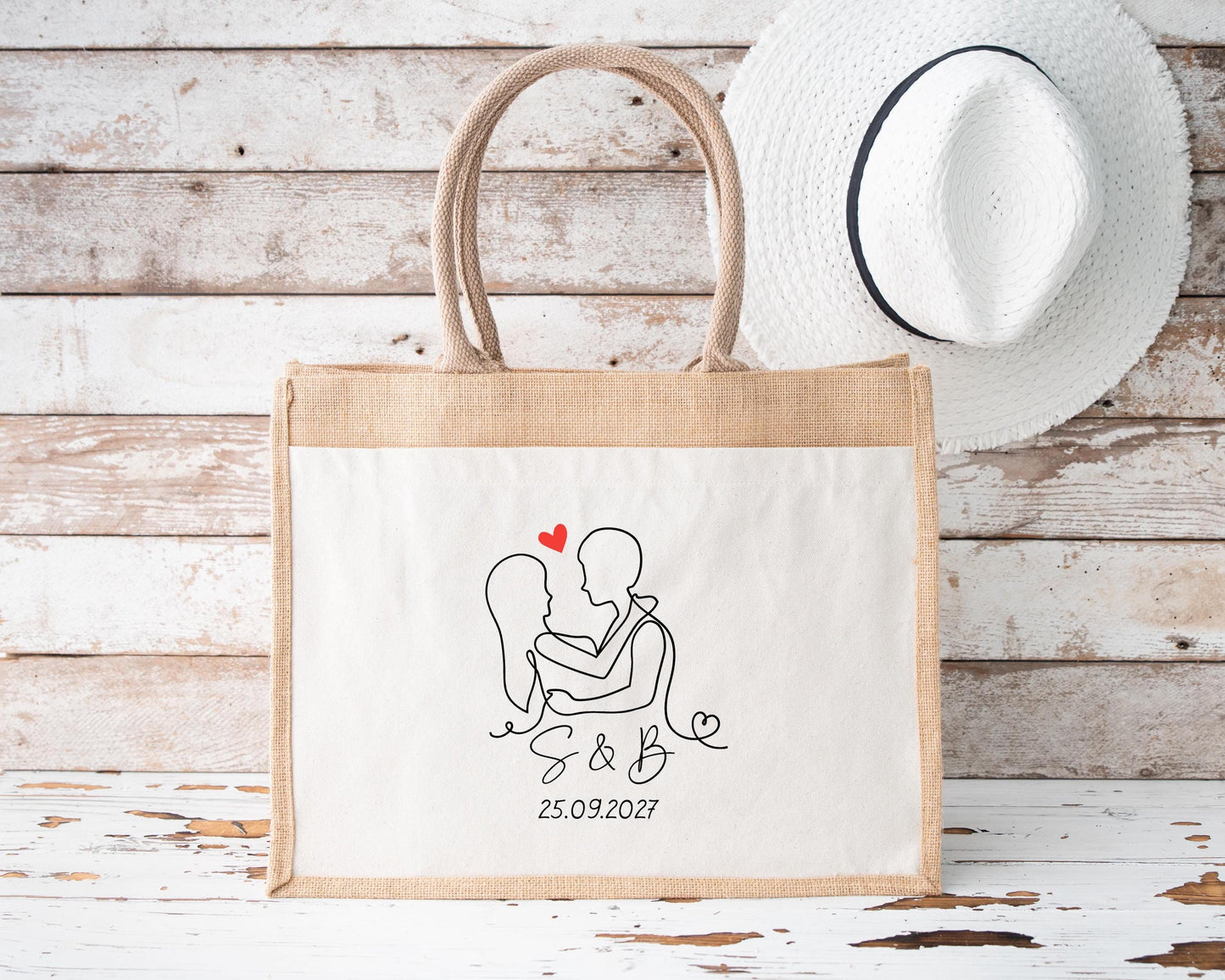 Sac en jute et coton personnalisé mariage, Sac EVJF, Sac de la mariée, Cabas personnalisé mariage