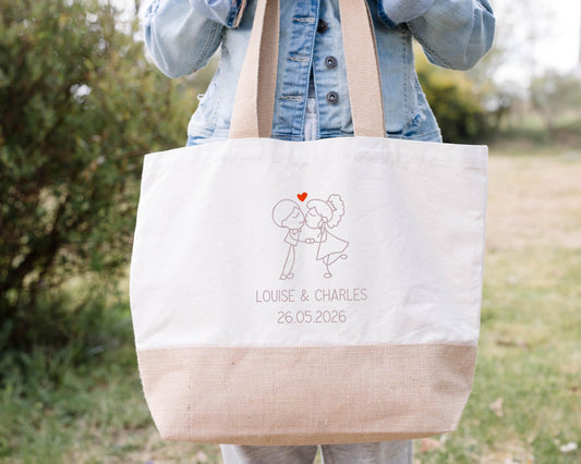 Sac en jute et coton personnalisé mariage, Sac EVJF, Sac de la mariée, Cabas personnalisé mariage