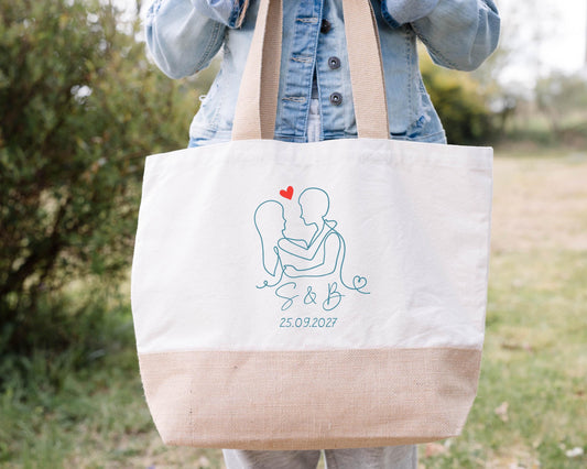Sac en jute et coton personnalisé mariage, Sac EVJF, Sac de la mariée, Cabas personnalisé mariage