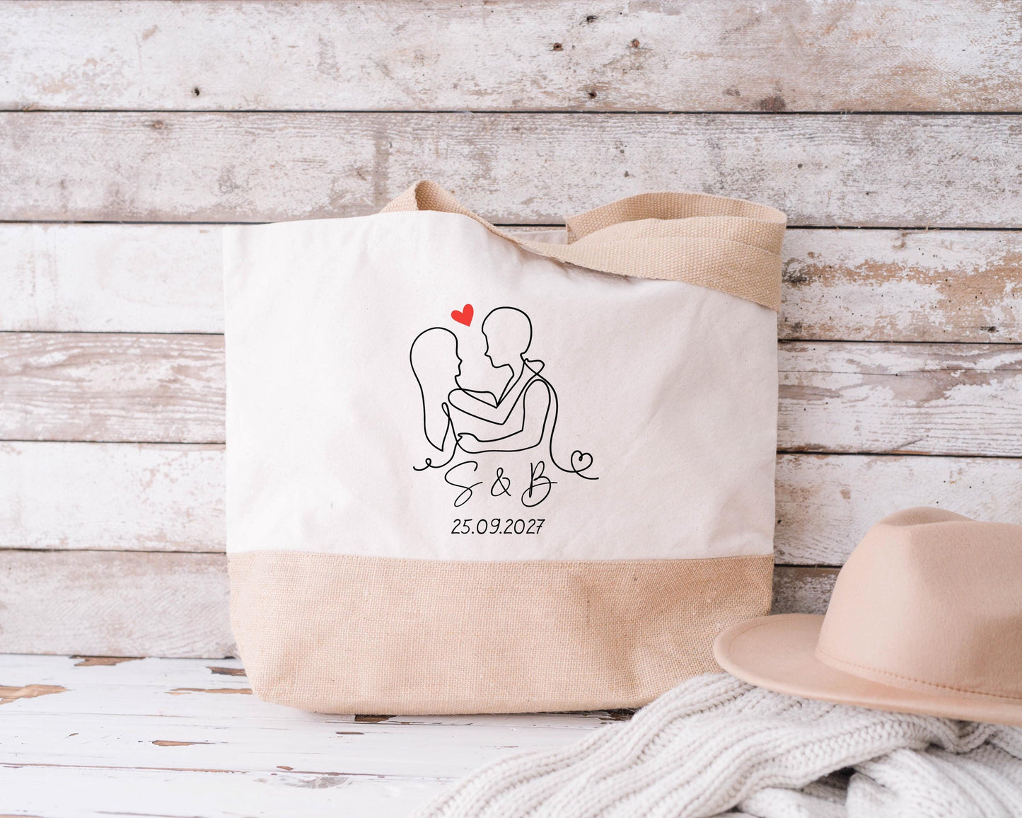 Sac en jute et coton personnalisé mariage, Sac EVJF, Sac de la mariée, Cabas personnalisé mariage