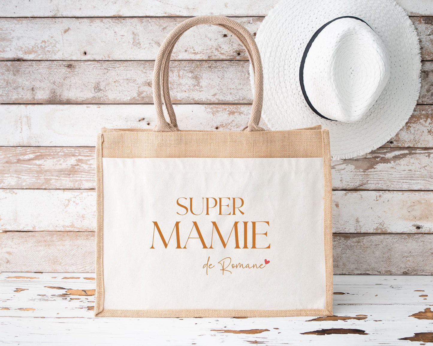 Sac en jute et coton personnalisé Super Mamie avec prénom, Cadeau grand-mère original, Sac fourre-tout personnalisé, Fête des grands-mères