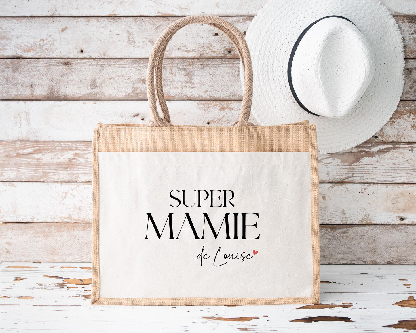 Sac en jute et coton personnalisé Super Mamie avec prénom, Cadeau grand-mère original, Sac fourre-tout personnalisé, Fête des grands-mères