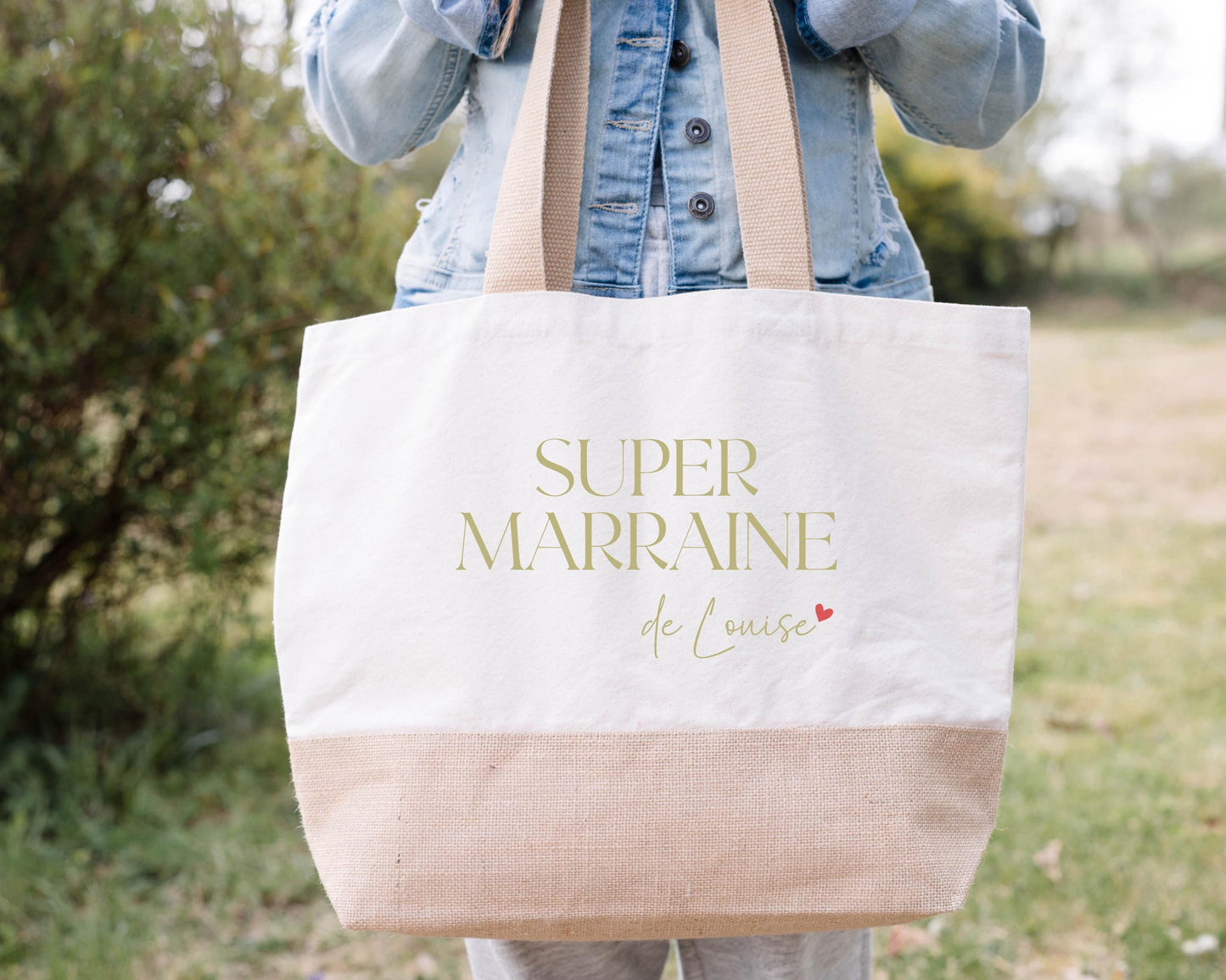 Sac en jute et coton personnalisé, sac cabas personnalisé, sac XL, grand sac personnalisable, Sac de course, Sac de plage, Cadeau Marraine