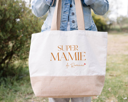 Sac en jute et coton personnalisé, sac XL, Super Mamie, Sac de course, Sac de plage, Cadeau Mamie