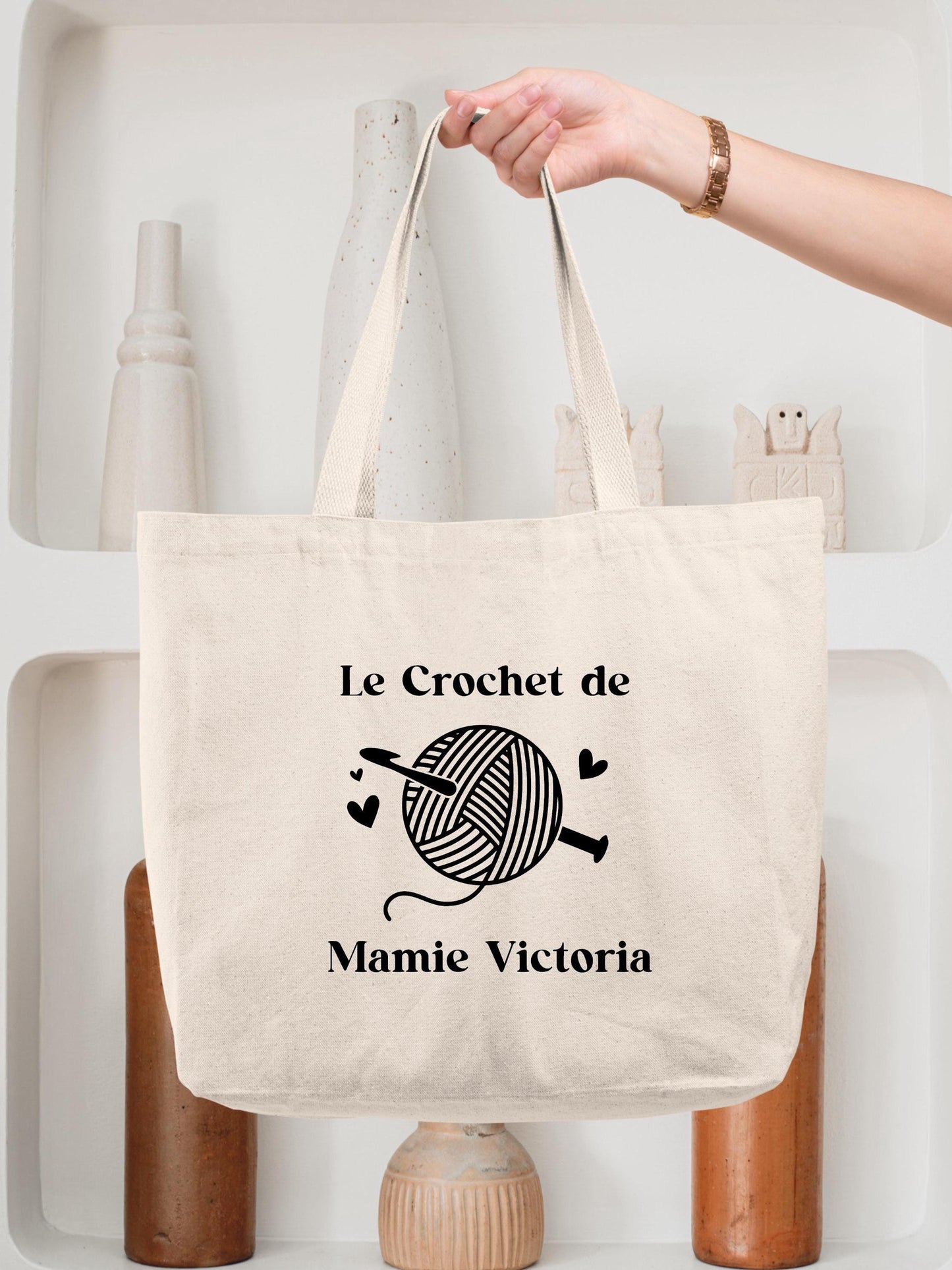 Cabas personnalisé mamie crochet, sac rangement accessoires tricot, cadeau grand-mère, idée cadeau mamie