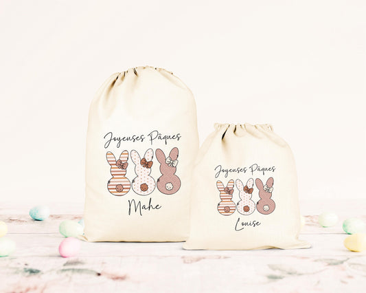 Pochon de Pâques personnalisé lapin et arc-en-ciel, petit sac cadeau en coton avec prénom - Collection Pâques 2025 Mahelia Design