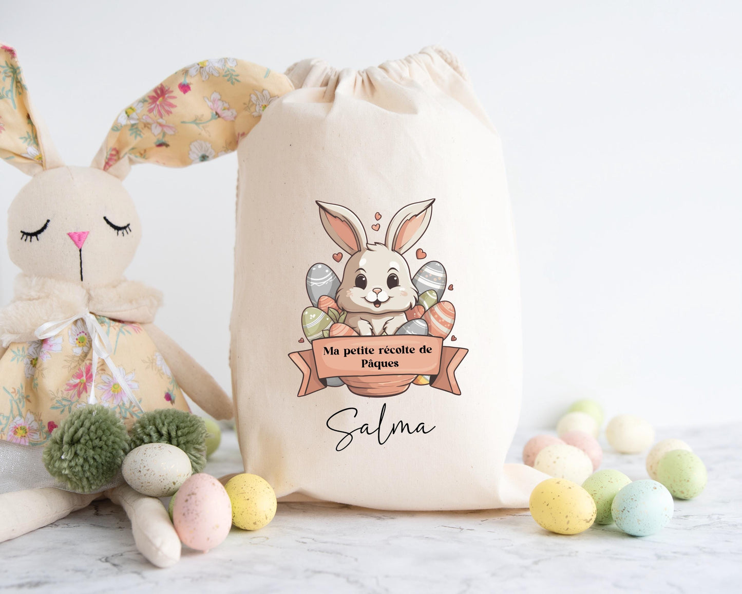 Pochon de Pâques personnalisé lapin et étoiles dorées, petit sac cadeau en coton avec prénom - Collection Pâques 2025 Mahelia Design