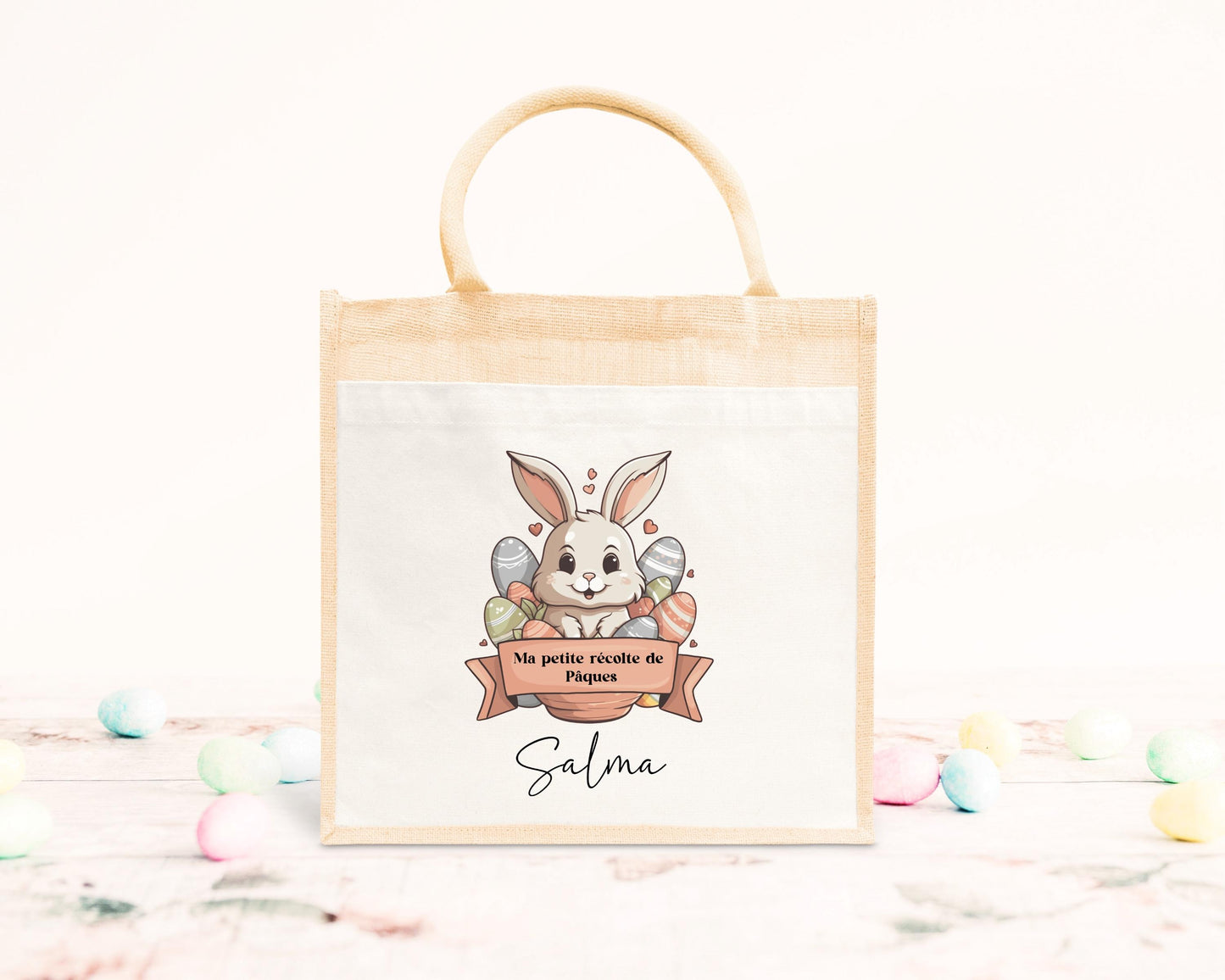 Cabas Pâques personnalisé motif lapin et étoiles dorées, grand sac chasse aux œufs en jute naturel enfant - Collection Pâques 2025 Mahelia Design