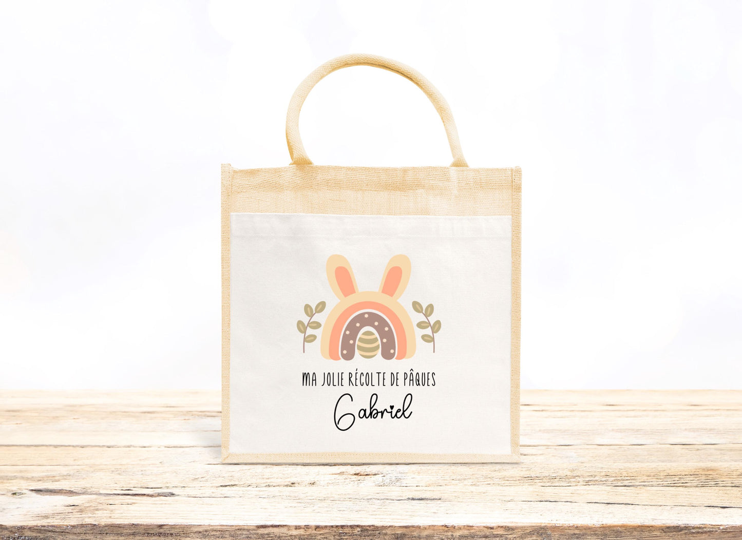 Cabas Pâques personnalisé motif lapin et couronne florale, grand sac chasse aux œufs en jute naturel enfant - Collection Pâques 2025 Mahelia Design