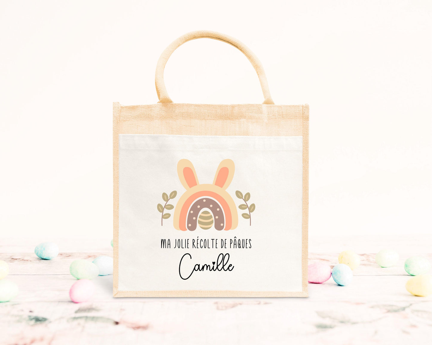 Cabas Pâques personnalisé motif lapin et couronne florale, grand sac chasse aux œufs en jute naturel enfant - Collection Pâques 2025 Mahelia Design