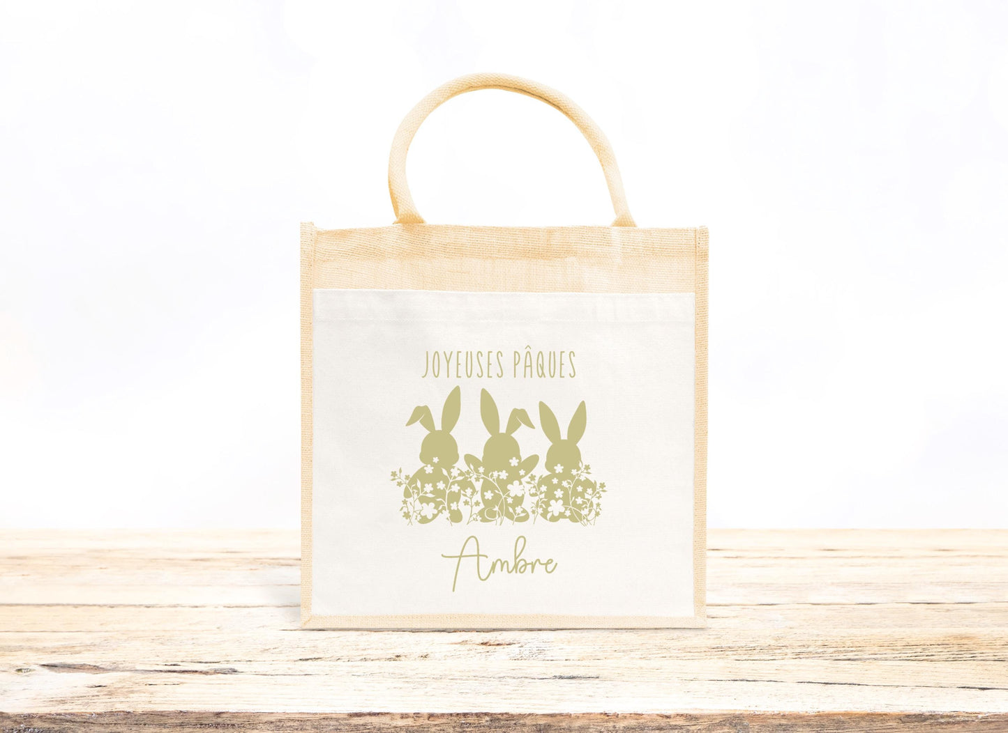 Mini tote bag Pâques personnalisé lapin et cœurs, petit sac chasse aux œufs en jute naturel avec prénom - Collection Pâques 2025 Mahelia Design