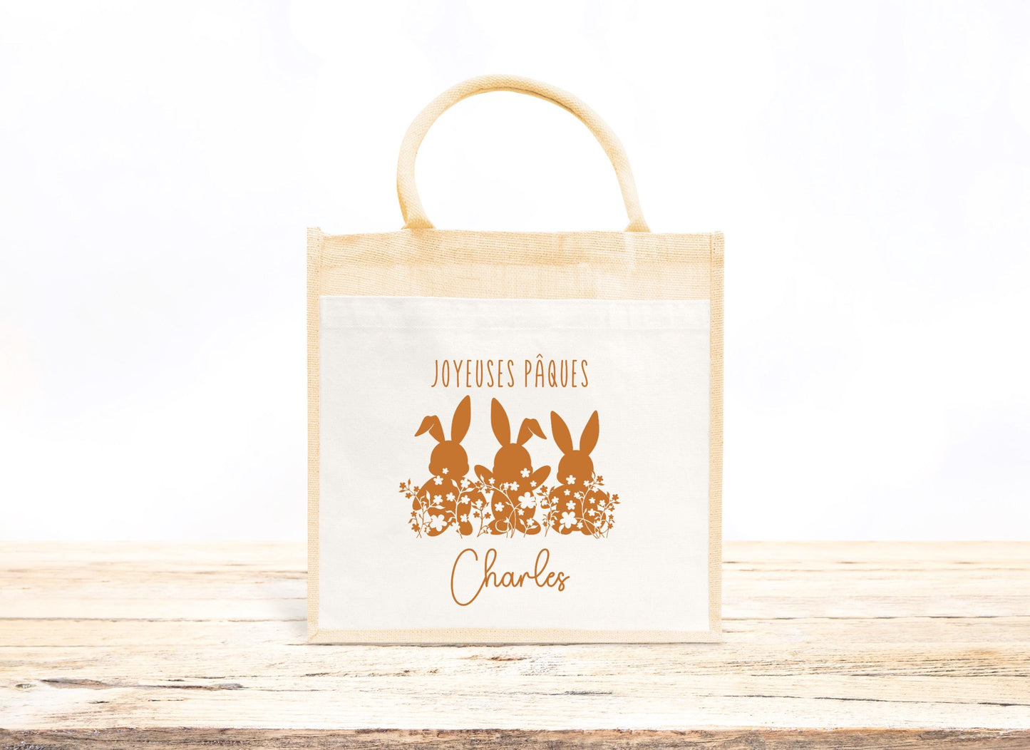 Mini tote bag Pâques personnalisé lapin et cœurs, petit sac chasse aux œufs en jute naturel avec prénom - Collection Pâques 2025 Mahelia Design