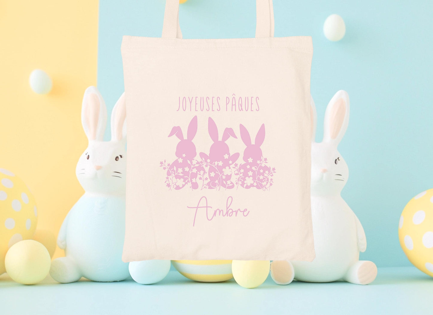 Tote bag Pâques personnalisé lapin et étoiles, sac chasse aux œufs en jute naturel avec prénom - Collection Pâques 2025 Mahelia Design