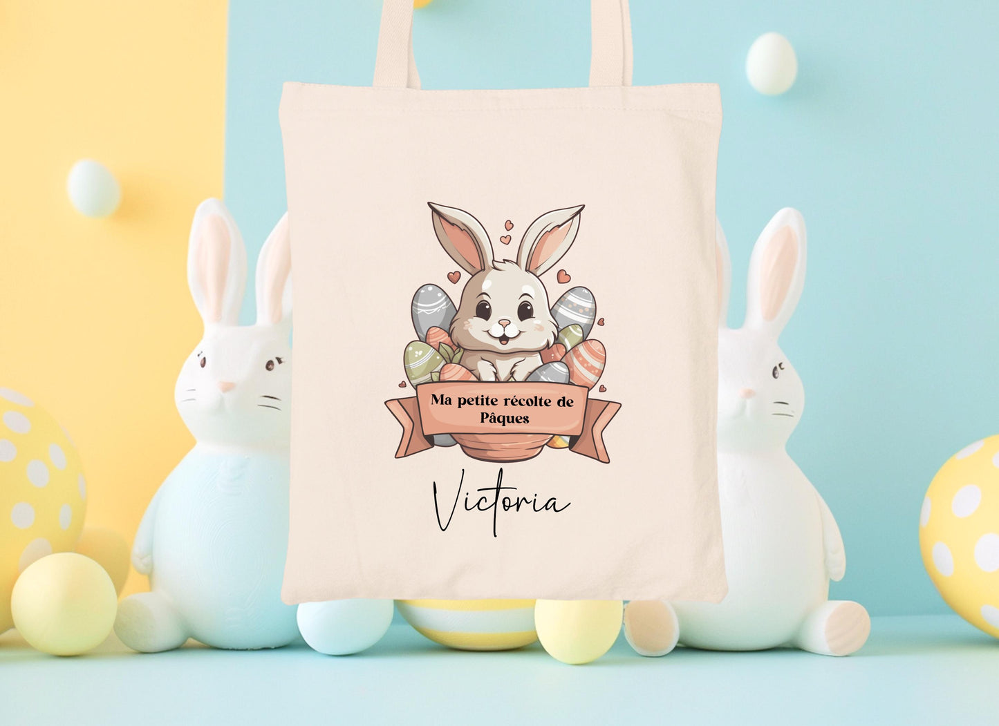 Mini tote bag Pâques personnalisé lapin et étoiles dorées, petit sac chasse aux œufs en jute naturel avec prénom - Collection Pâques 2025 Mahelia Design