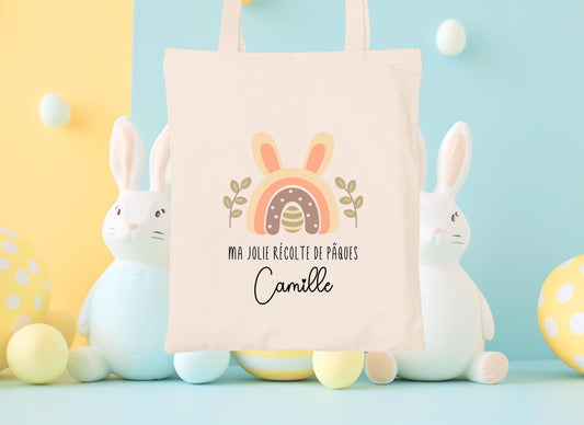 Mini tote bag Pâques personnalisé lapin et couronne florale, petit sac chasse aux œufs en jute naturel avec prénom - Collection Pâques 2025 Mahelia Design