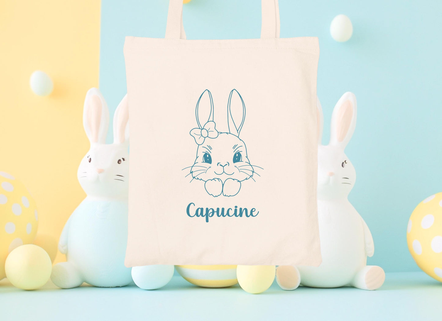 Mini tote bag Pâques personnalisé lapin et cœurs, petit sac chasse aux œufs en jute naturel avec prénom - Collection Pâques 2025 Mahelia Desig