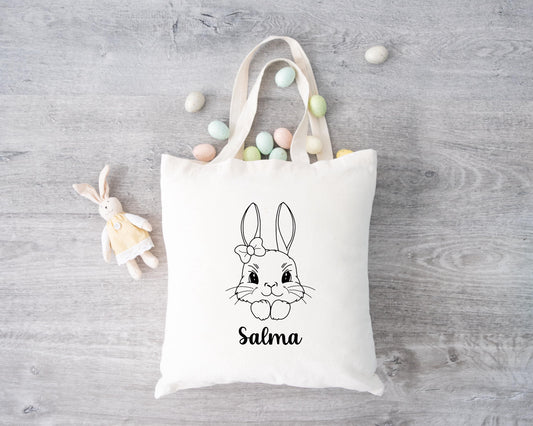 Tote bag Pâques personnalisé motif lapin et cœurs, sac chasse aux œufs en jute naturel avec prénom - Collection Pâques Mahelia Design