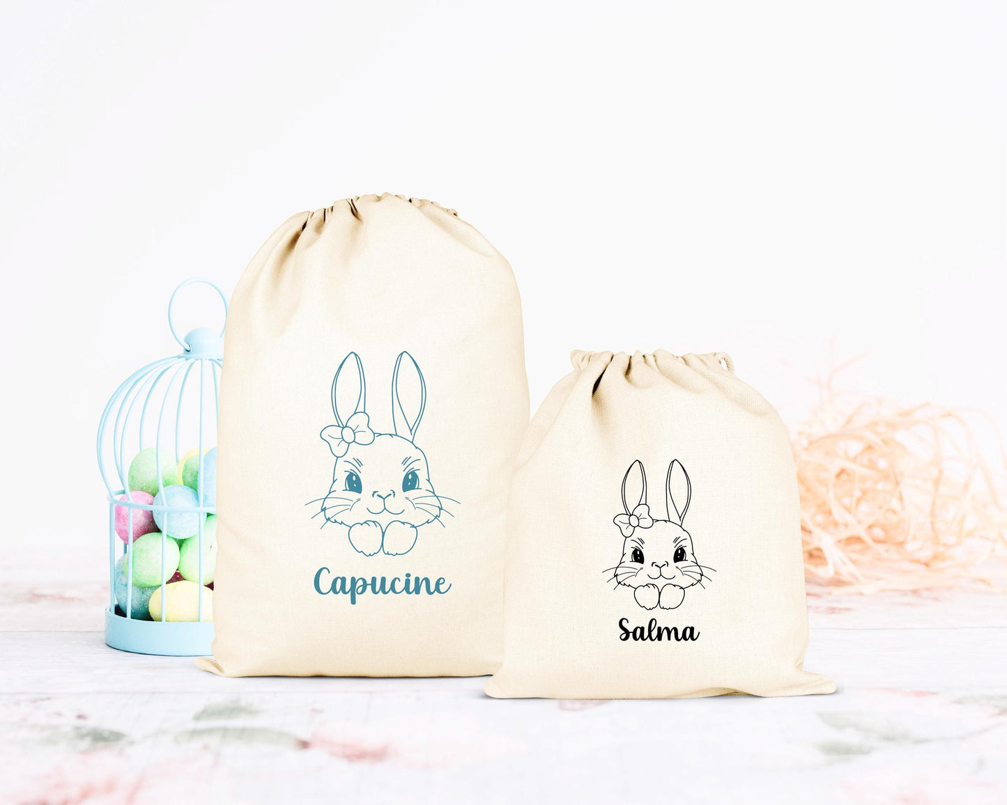 Tote bag Pâques personnalisé lapin et cœurs, sac chasse aux œufs en jute naturel avec prénom - Collection Pâques 2025 Mahelia Design