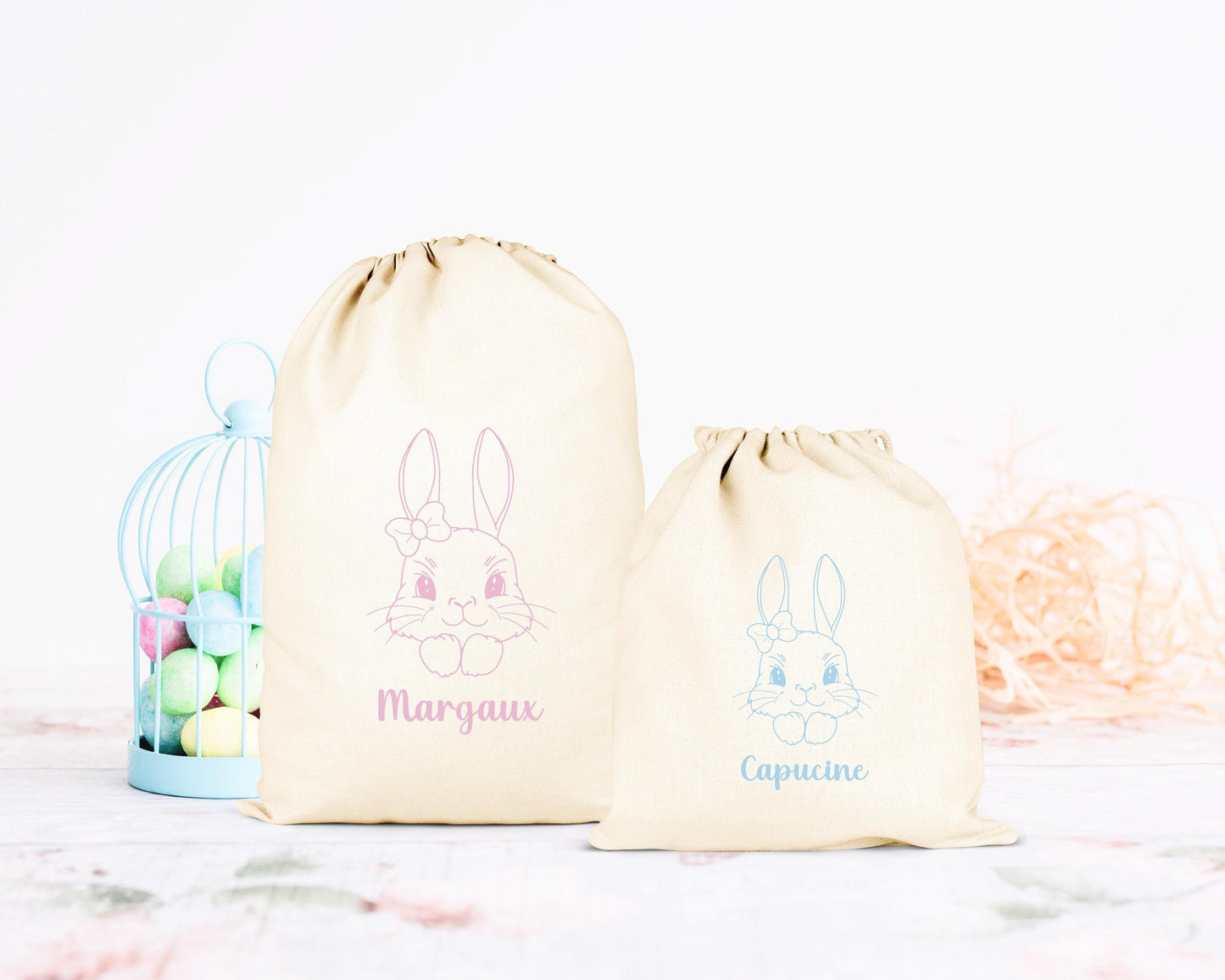 Tote bag Pâques personnalisé lapin et cœurs, sac chasse aux œufs en jute naturel avec prénom - Collection Pâques 2025 Mahelia Design