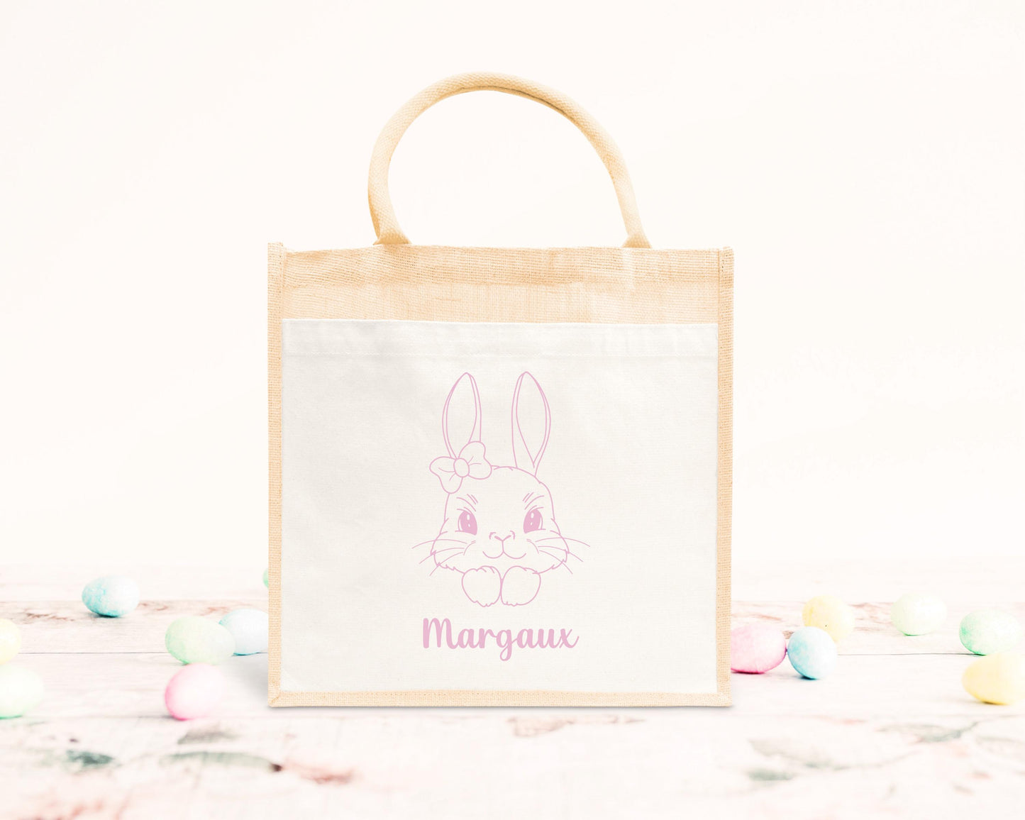 Cabas Pâques personnalisé motif lapin et cœurs, grand sac chasse aux œufs en jute naturel enfant - Collection Pâques Mahelia Design