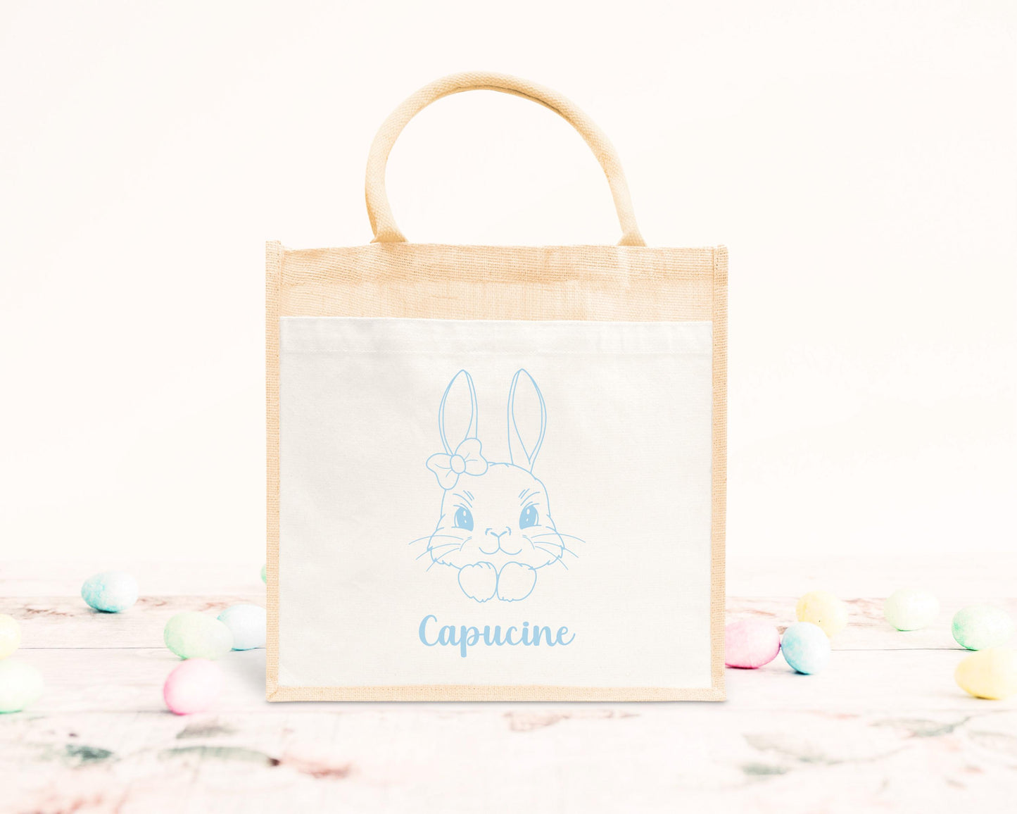 Cabas Pâques personnalisé motif lapin et cœurs, grand sac chasse aux œufs en jute naturel enfant - Collection Pâques Mahelia Design