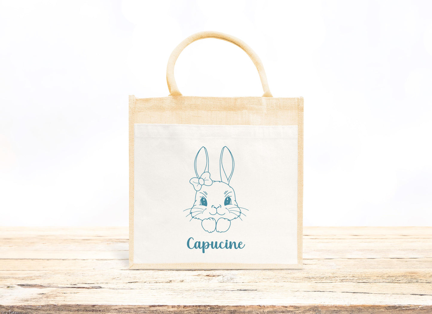Cabas Pâques personnalisé motif lapin et cœurs, grand sac chasse aux œufs en jute naturel enfant - Collection Pâques Mahelia Design