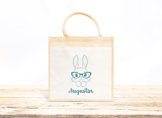 Cabas Pâques personnalisé motif lapin et fleurs roses, grand sac chasse aux œufs en jute naturel enfant - Collection Pâques Mahelia Design