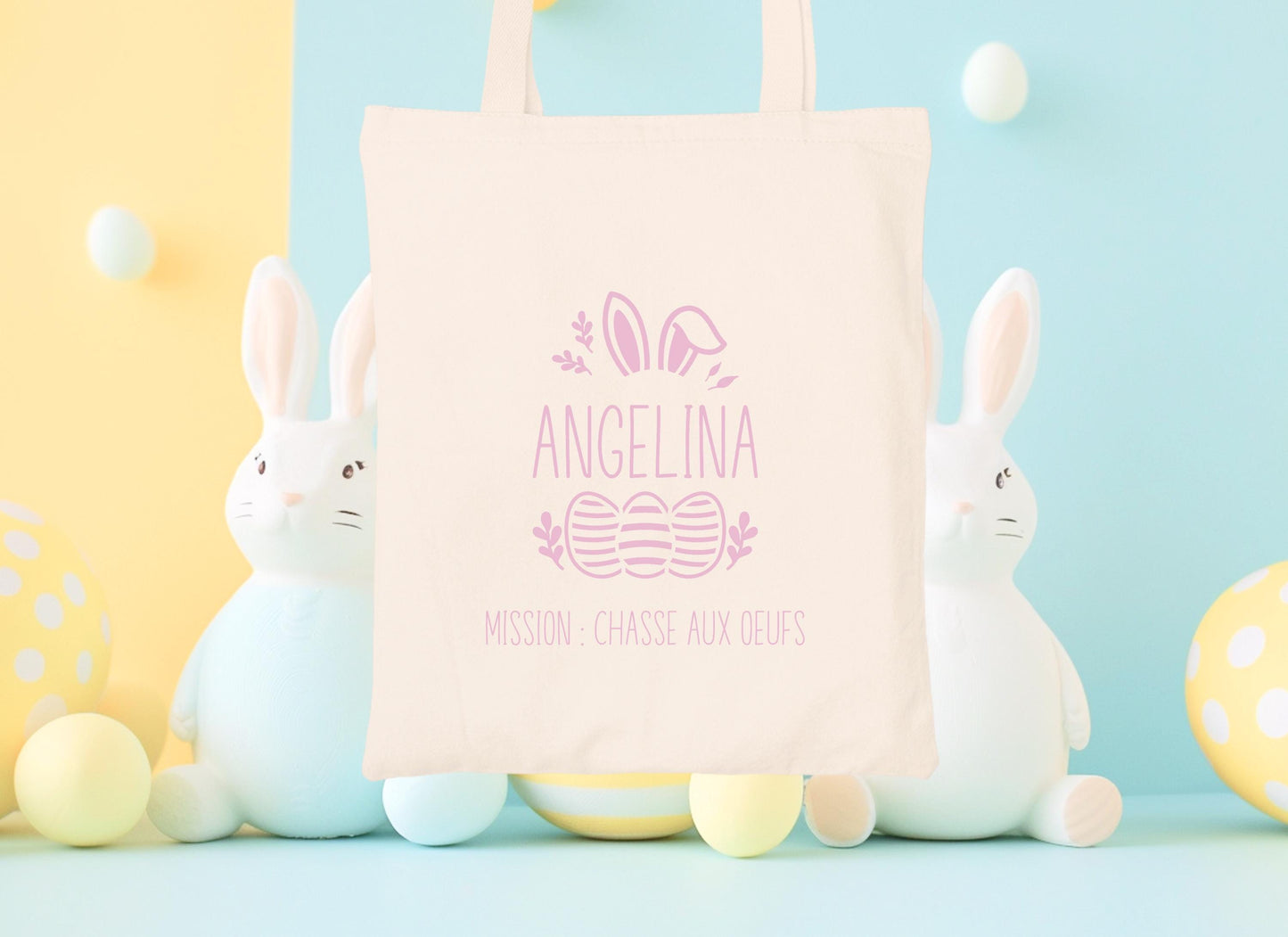 Mini tote bag Pâques personnalisé lapin avec œufs colorés, petit sac chasse aux œufs enfant jute naturel - Collection Pâques Mahelia Design