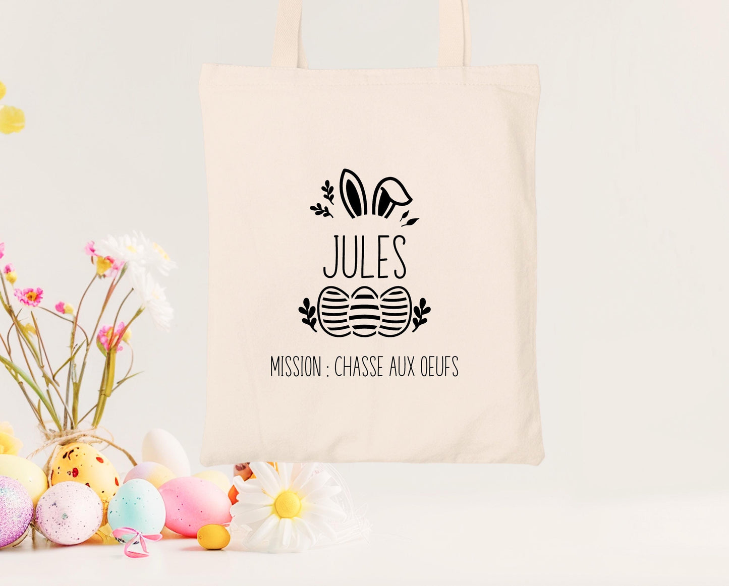 Mini tote bag Pâques personnalisé lapin avec œufs colorés, petit sac chasse aux œufs enfant jute naturel - Collection Pâques Mahelia Design