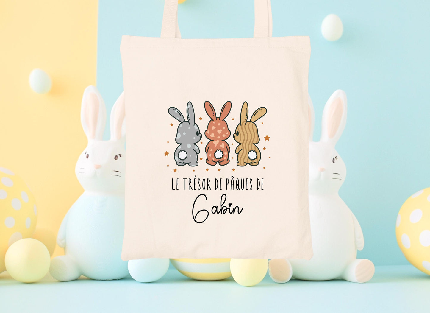 Mini tote bag de Pâques personnalisé trois lapins mignons beige et blanc, trésor de chasse aux œufs pour enfant - Collection Pâques Mahelia Design