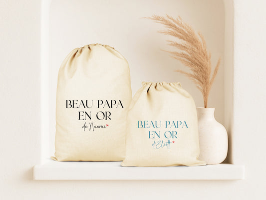 Pochon personnalisé "Beau Papa en Or" – Prénom au choix – Cadeau beau-papa – Fête des Pères