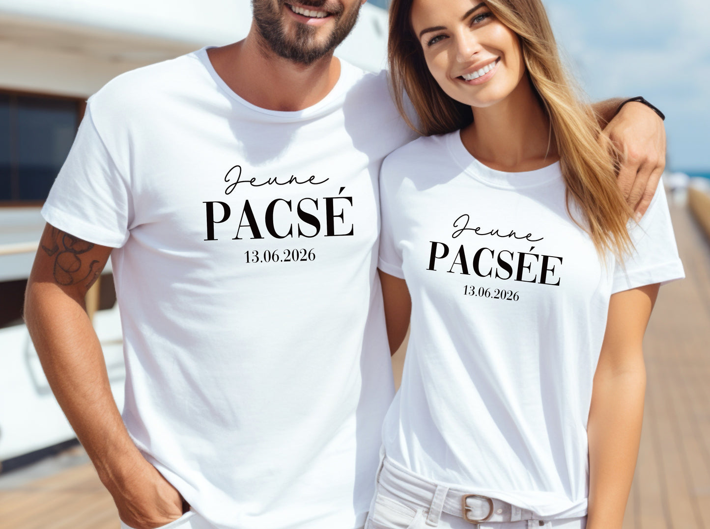 Duo t-shirts couple "Jeune pacsé / Jeune pacsée" avec date – Tenue PACS – Cadeau PACS – Shooting couple
