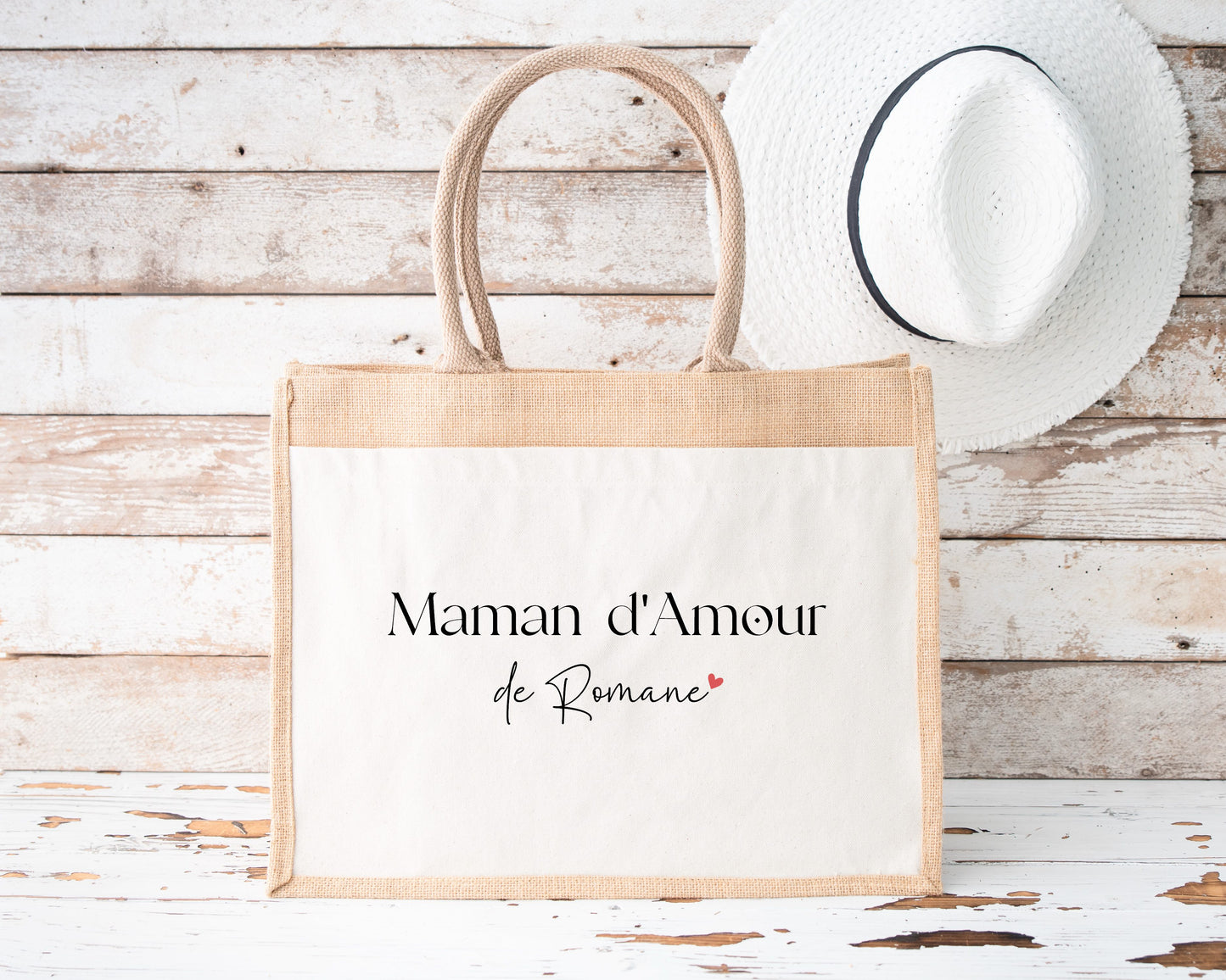Cabas jute personnalisé “Maman d’Amour”, Cadeau maman, Fête des Mères, Sac cabas personnalisé