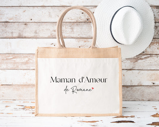 Cabas jute personnalisé “Maman d’Amour”, Cadeau maman, Fête des Mères, Sac cabas personnalisé