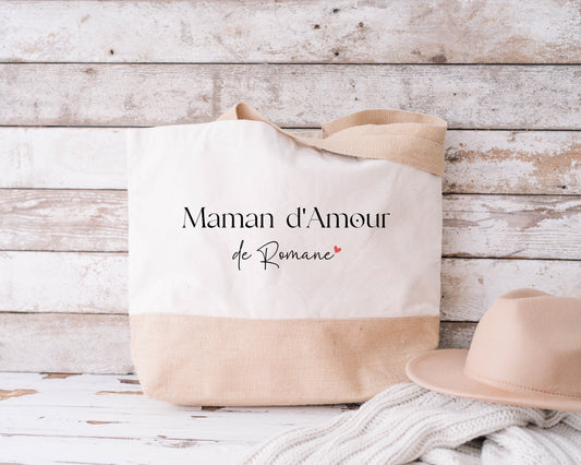 Sac shopping XL personnalisé « Maman d’Amour », Grand sac, Cadeau maman, Sac en jute et coton personnalisé