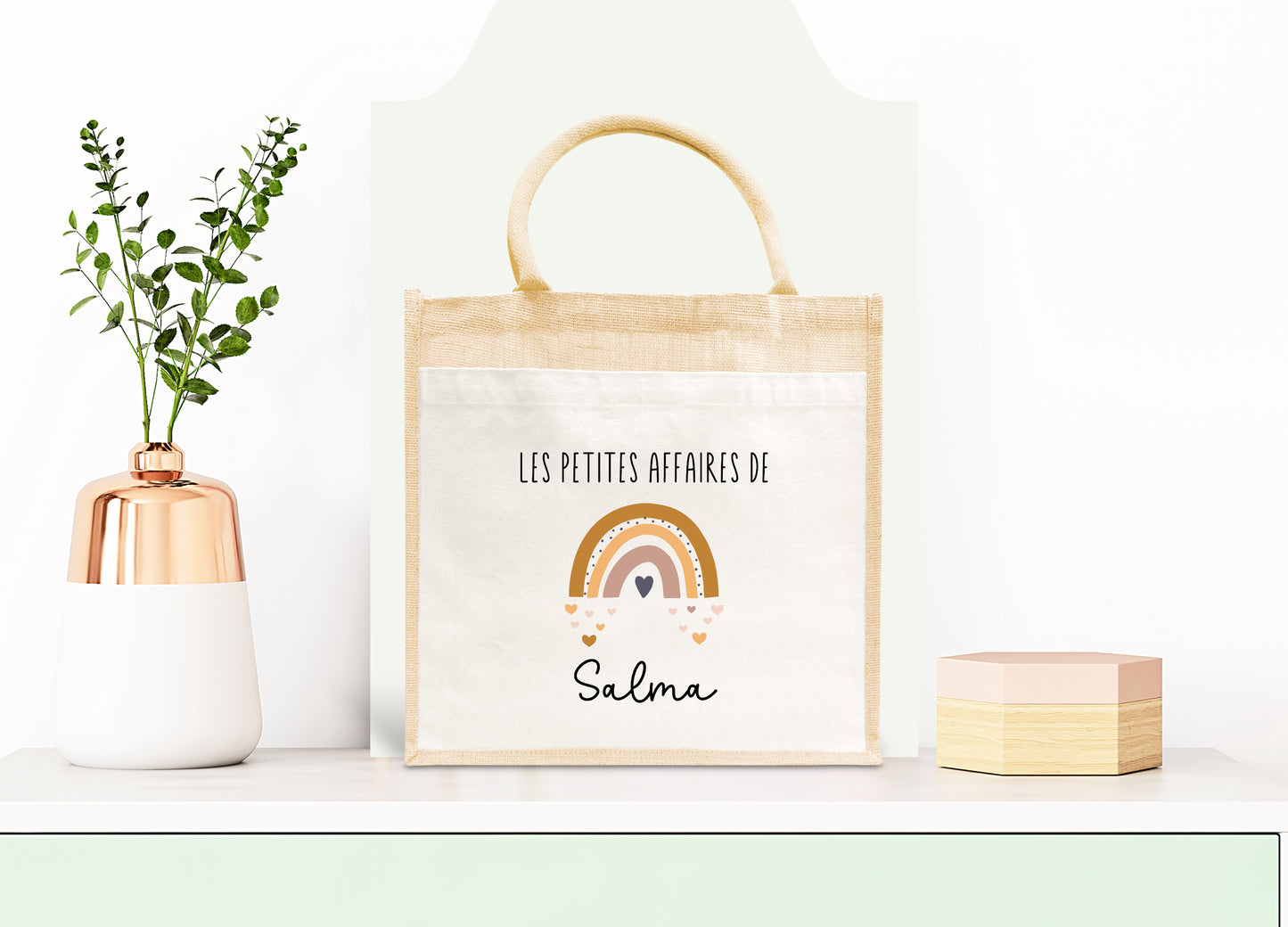 Sac Cabas toile et jute enfant personnalisé, Cadeau enfant prénom, Cadeau anniversaire enfant, Sac arc en ciel